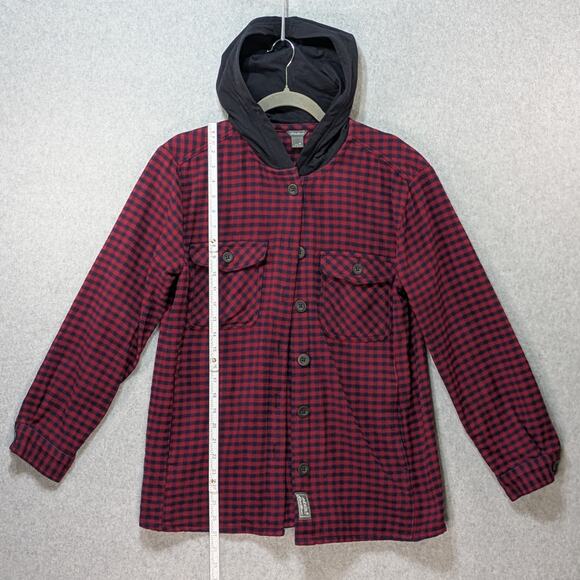 Eddie Bauer Women’s Hooded Flannel Shirt M Red Black Plaid Button Up Outdoor - Picture 9 of 12